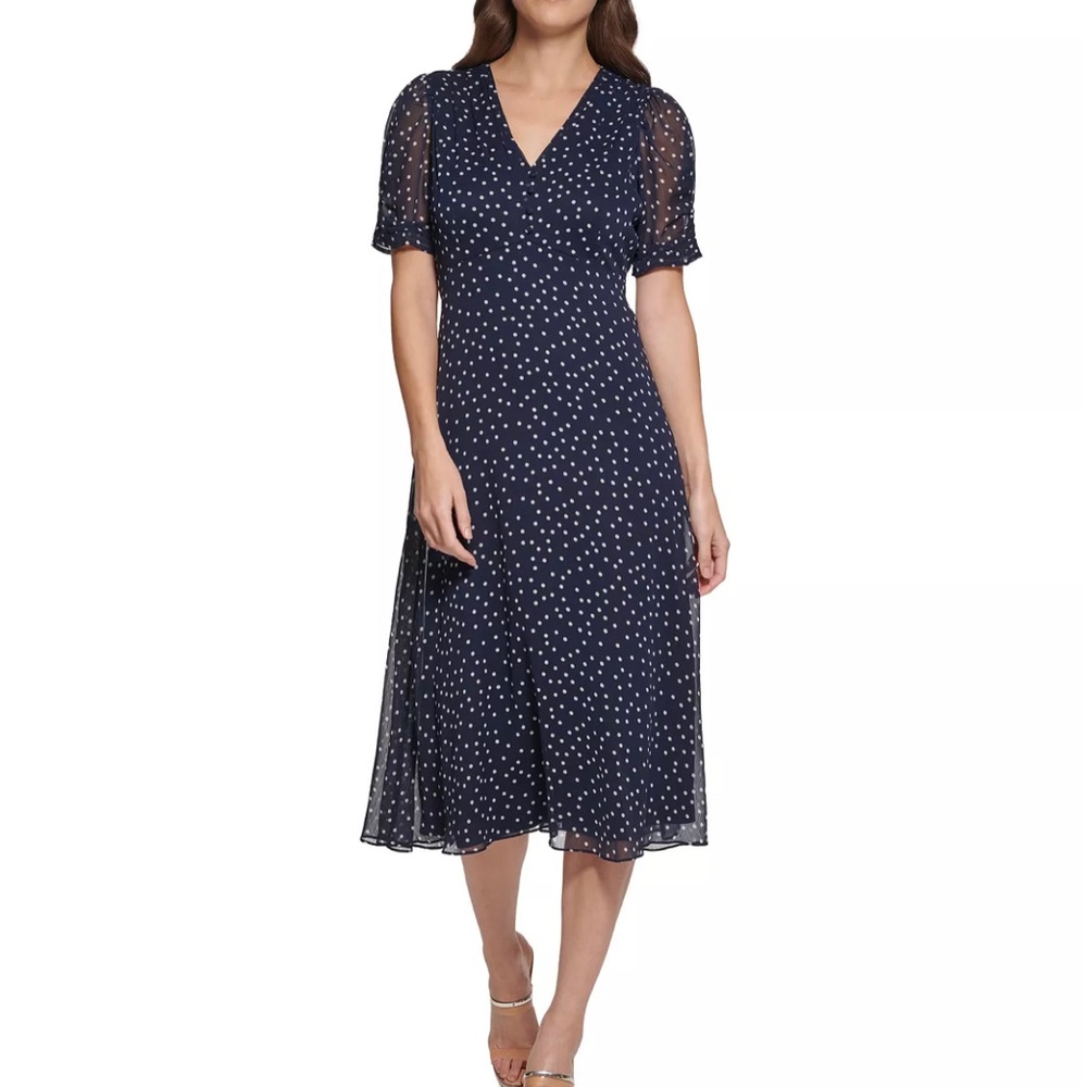 Navy Chiffon Dress with dots. Never worn